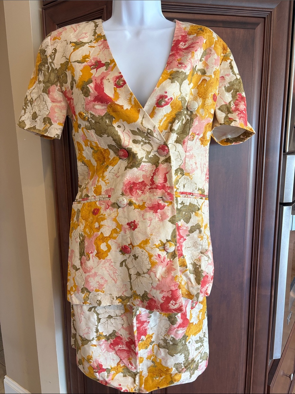 Floral Double-Breasted Two-Piece Buttoned Down Top & Skirt Set in Mustard & Pink